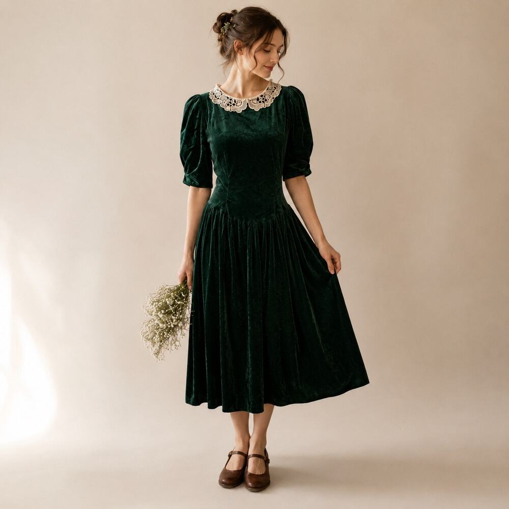 Vintage Miss Darby Green Velvet Dress Lace Collar Cottagecore Midi M/L